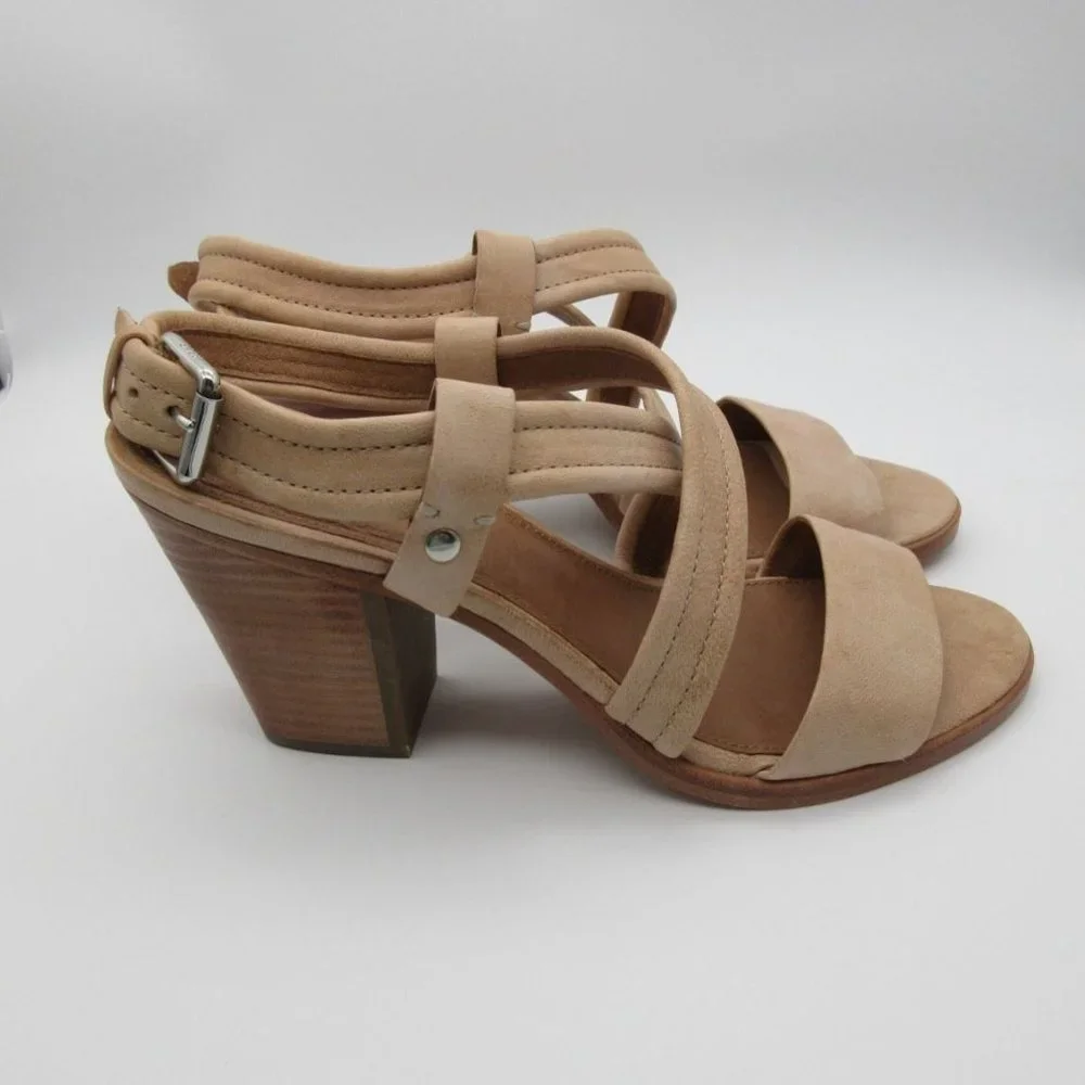 FRYE women's Dani cream leather cross strap‎ stacked heel sandals 10